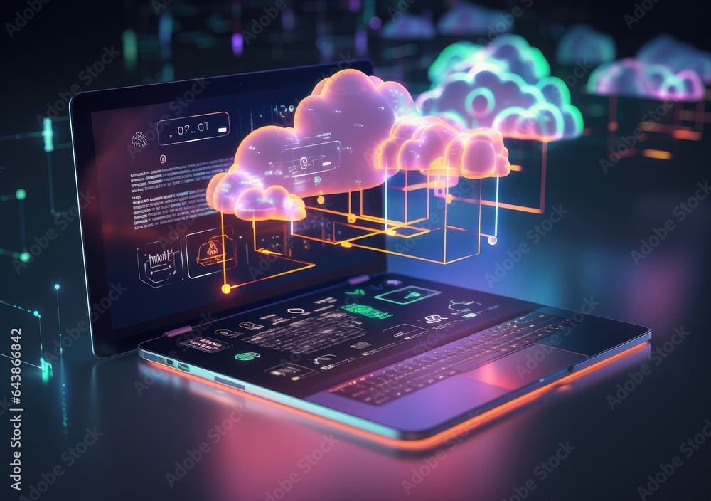 neon light showing cloud computing on tablet computer. neon light showing cloud computing on tablet computer. AI Generative. neon light showing cloud computing on tablet computer. neon light showing cloud computing on tablet computer. AI Generative.