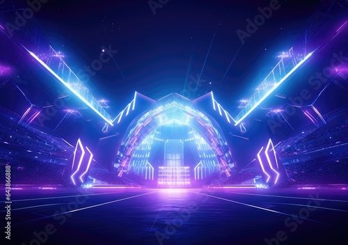 neon stadium stage, Glowing neon lighting and a blank platform for product placement, Satge platform for concert. AI Generative. © peacehunter