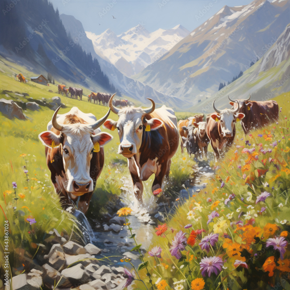 descent of cows with bells and flowers in Swiss Alps Generative ai