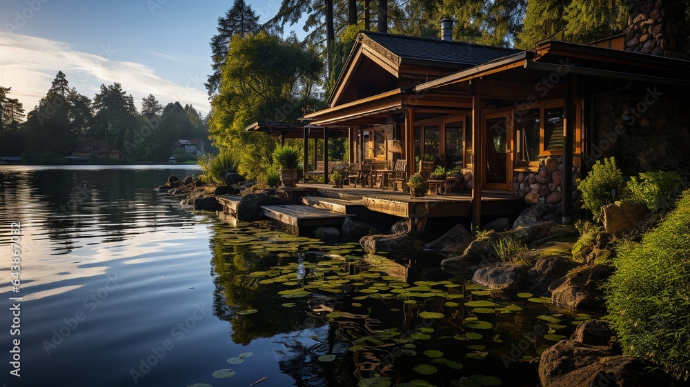 The picture depicts a serene lakeside refuge with a wooden home surrounded by a lake's placid waters, exuding peace and tranquillity. .