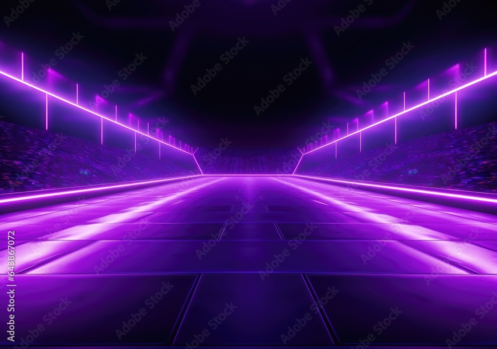 neon stadium stage, Glowing neon lighting and a blank platform for product placement, Satge platform for concert. AI Generative.
