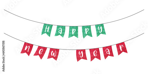 Happy New Year festive flags vector illustration. January holiday decorative garland. New Year party bunting isolated on white background