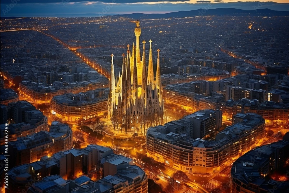 Bird's-eye view of Barcelona Eixample district and Sagrada Familia, Spain, in the evening. Generative AI