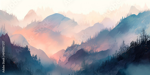 Anime mountain background mist fog beautiful cartoon style landscape backdrop, generate AI © dan