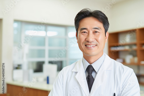 病院の受付前でカメラ目線で微笑む白衣姿の医師(日本人男性)