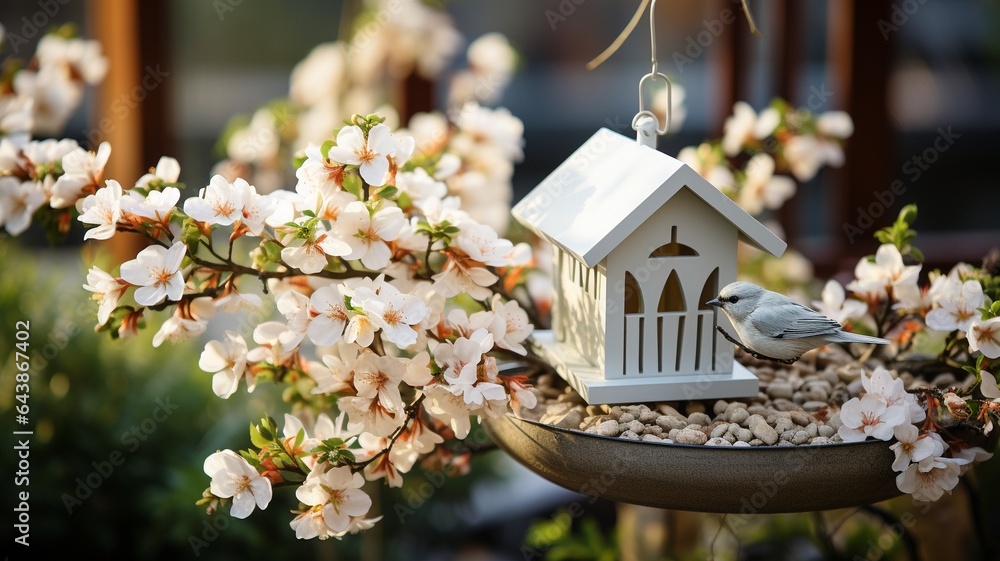 White blossoming tree with a hanging bird house in a dreamy springtime garden..