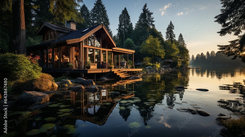The picture depicts a serene lakeside refuge with a wooden home surrounded by a lake's placid waters, exuding peace and tranquillity. . The picture depicts a serene lakeside refuge with a wooden home surrounded by a lake's placid waters, exuding peace and tranquillity. .