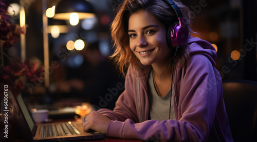 a woman working at her laptop with headphones in front of a purple background  bokeh  beautiful 