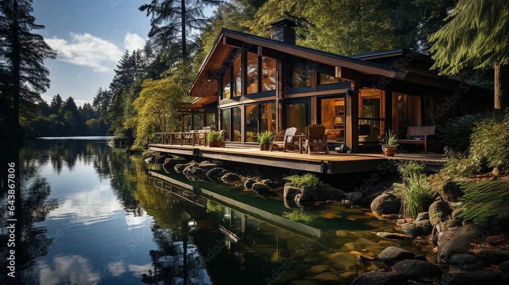 The picture depicts a serene lakeside refuge with a wooden home surrounded by a lake's placid waters, exuding peace and tranquillity. . The picture depicts a serene lakeside refuge with a wooden home surrounded by a lake's placid waters, exuding peace and tranquillity. .