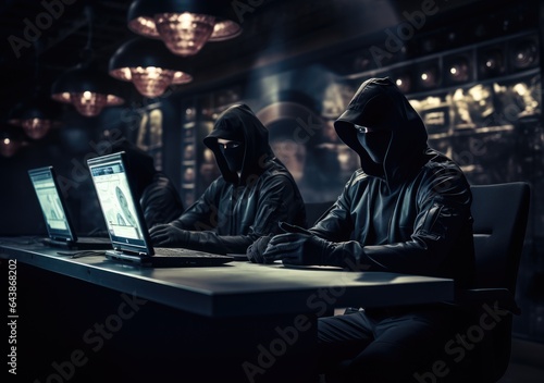 hacker in black hoodie working on laptop in the dark room. Dangerous Hooded Hacker Breaks into Government Data Servers and Infects Their System with a Virus. AI Generative.