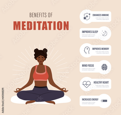 Benefits of meditation infographic. African female character practicing mental and body wellness. Law of attraction concept. Materialization of thoughts. Vector illustration in flat cartoon style.