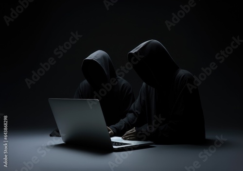 hacker in black hoodie working on laptop in the dark room. Dangerous Hooded Hacker Breaks into Government Data Servers and Infects Their System with a Virus. AI Generative.