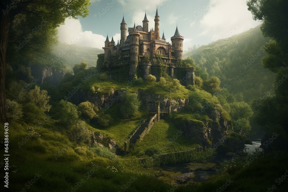 A castle amidst lush green surroundings created with a matte painting. Generative AI