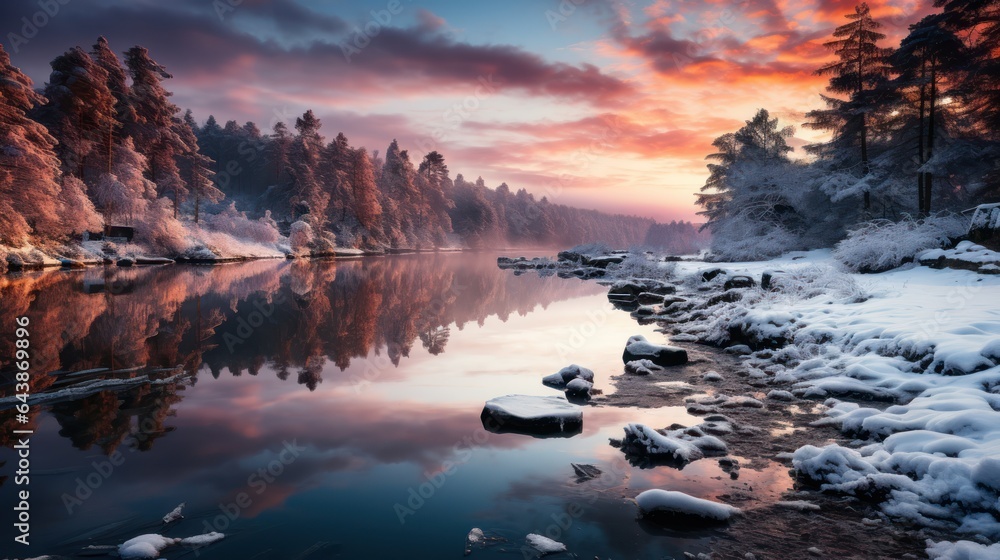 Mountain river in the winter forest at sunset. Beautiful landscape, Generative AI
