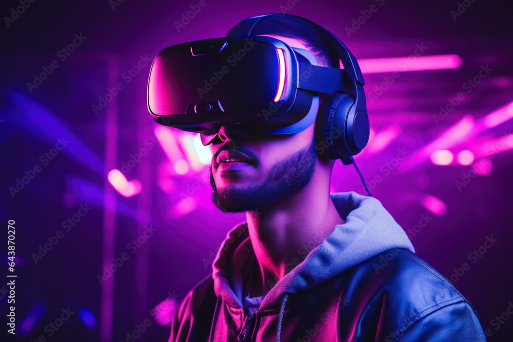 Immersive VR Experience: Man in Neon-Lit Studio (High Res)
