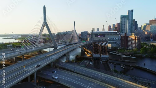 Drone shot over Boston at dusk