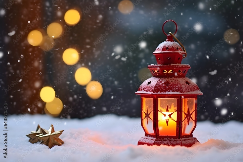 Winter Christmas Wallpaper background with a Red lamp, snowing with bokeh Winter Christmas Wallpaper background with a Red lamp, snowing with bokeh