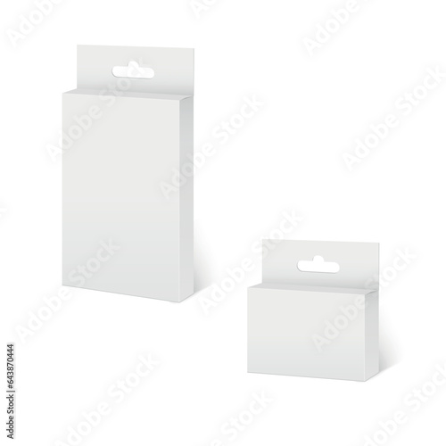 White paper packaging box with hanging hole. Product packaging collection. Vector