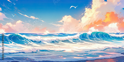 anime ocean background beautiful sea water crashing waves banner, generated ai © dan