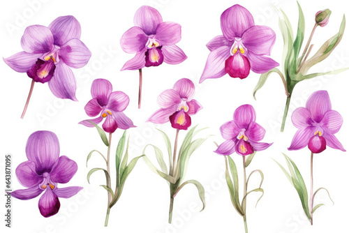 Watercolor image of a set of orchid flowers on a white background