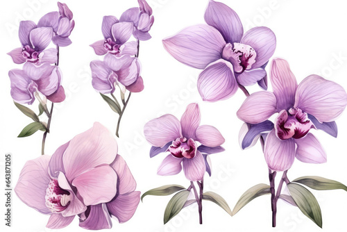 Watercolor image of a set of orchid flowers on a white background