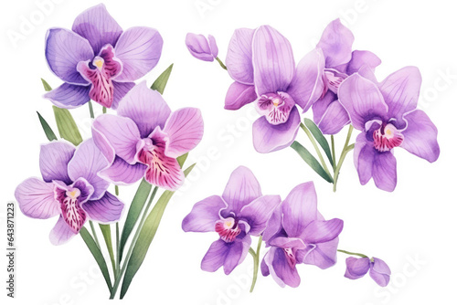 Watercolor image of a set of orchid flowers on a white background