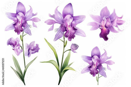 Watercolor image of a set of orchid flowers on a white background