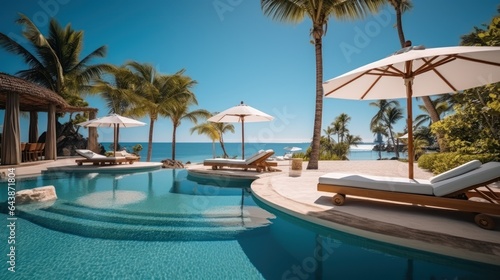 Luxury swimming pool in luxury hotel resort with palm trees and blue sky, Generative AI
