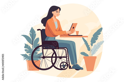 young woman in wheelchair working on computer self confidence conceptual vector art