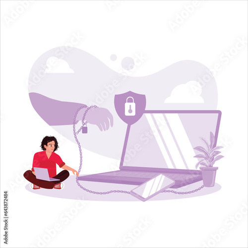 A man working with a laptop with his hands tied in a black background. Internet Addiction concept. Trend Modern vector flat illustration