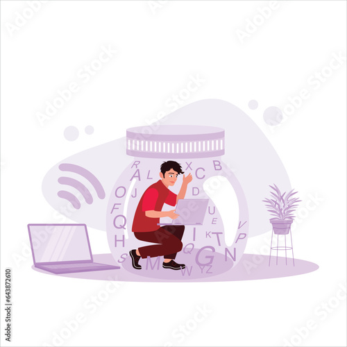 A man who is a bookworm and uses a laptop to study. Internet Addiction concept. Trend Modern vector flat illustration