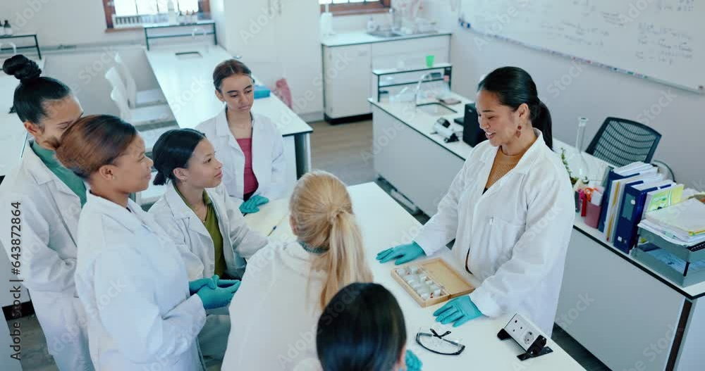 Laboratory, student question and teacher with research, future scientist class or college support. Mentor, science and education for university classroom analysis for learning and studying help Laboratory, student question and teacher with research, future scientist class or college support. Mentor, science and education for university classroom analysis for learning and studying help