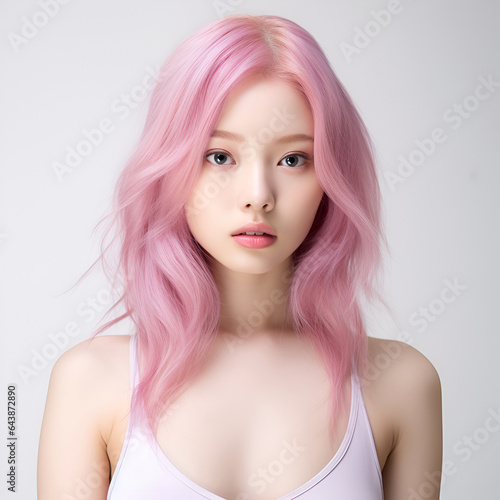 a young female persona, a fashionable girl with pink hair.