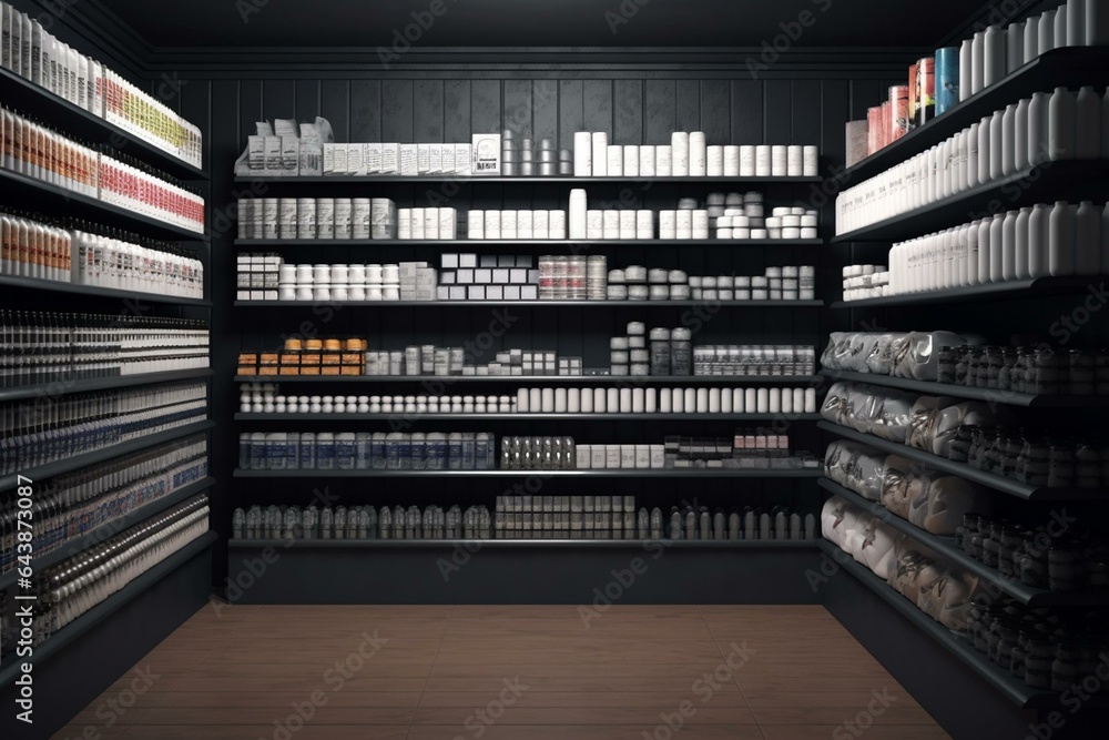 3D interior of a store with stocked shelves. Generative AI