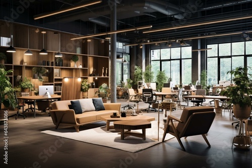 Interior of high-end wooden coworking office featuring elegant furniture and modern equipment. Generative AI