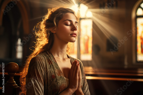 Beautiful woman praying in church, showing her belief in god and Jesus Christ