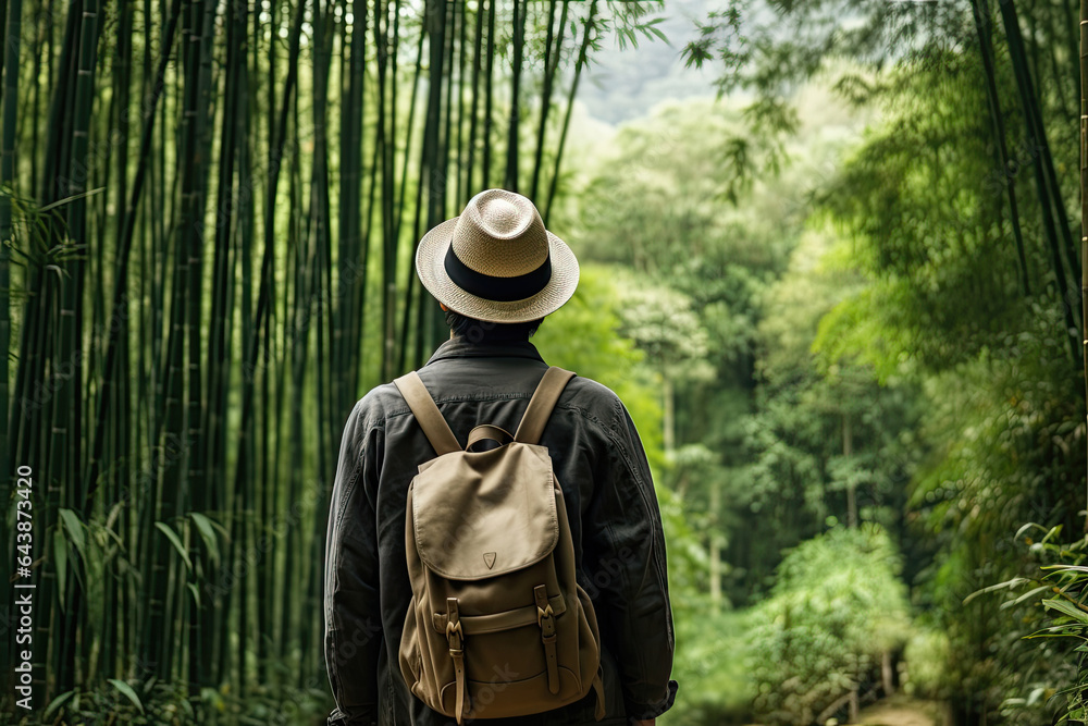 Back view of a man wearing hat with backpack in a bamboo forest
