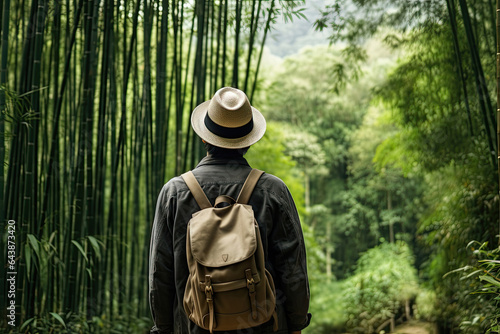 Back view of a man wearing hat with backpack in a bamboo forest © Aleksandr Bryliaev