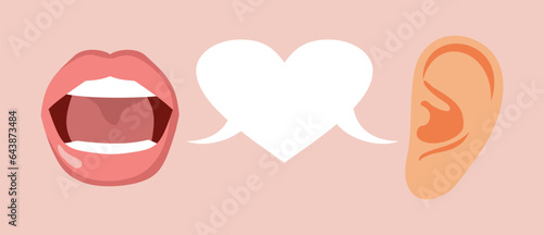 Sweet Sexy Talk from a Mouth to an Ear vector Cartoon Illustration. Woman speaking and whispering dirty words to her lover 
