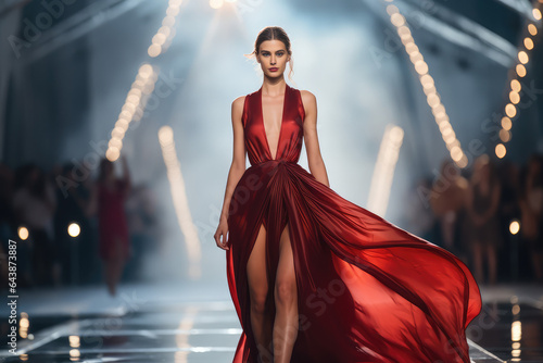 Stampa su tela beautiful model walking on runway fashion show in designed dress