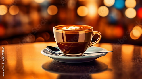 A cup of hot coffee on shiny table in the restaurant with bokeh, background with copy space, close up shot.