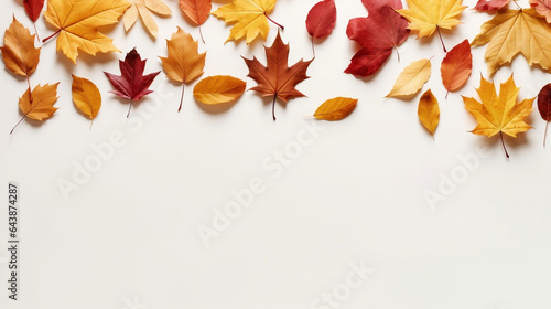 Colorful autumn leaves  top view  beautiful fallen leaves as a border on white backdrop with copy space  minimal style autumn background.