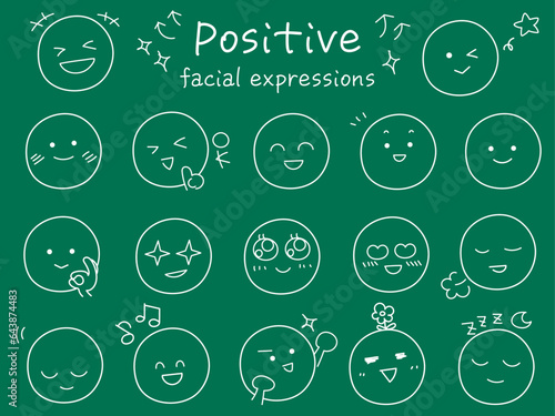 シンプルでかわいいポジティブな顔表情のアイコンセット　手書きタッチの白い線画