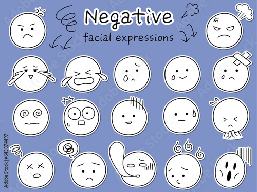 シンプルでかわいいネガティブな顔表情のアイコンセット　手書きタッチのステッカー風