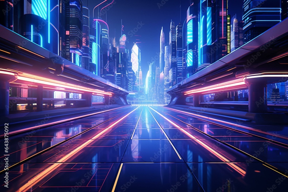Futuristic city corridor with retro vibes and neon accents. 3D-rendered urban back drop. Generative AI