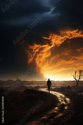 Silhouette of Person in Apocalyptic Landscape