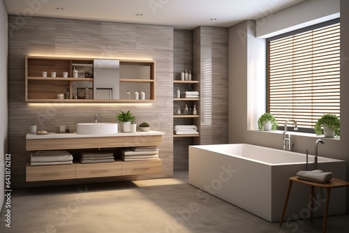 Contemporary 3D rendering portraying a stylish bathroom. Generative AI