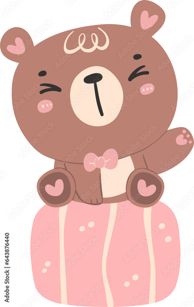 Cute birthday bear, kawaii teddy with pink gift box animal cartoon hand drawn flat design illustration Cute birthday bear, kawaii teddy with pink gift box animal cartoon hand drawn flat design illustration