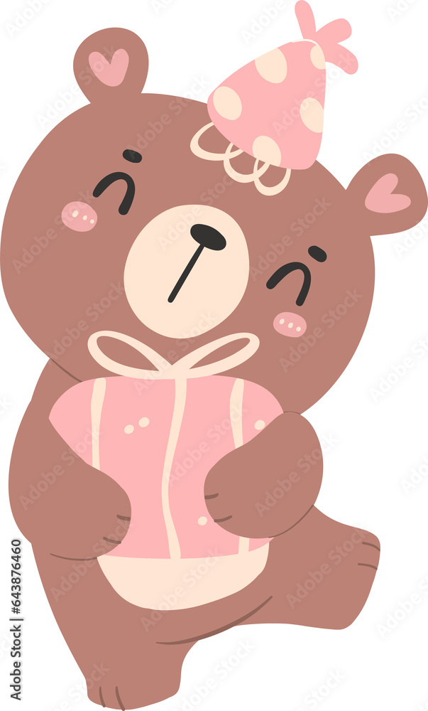 Cute birthday bear, kawaii teddy with pink gift box animal cartoon hand drawn flat design illustration Cute birthday bear, kawaii teddy with pink gift box animal cartoon hand drawn flat design illustration
