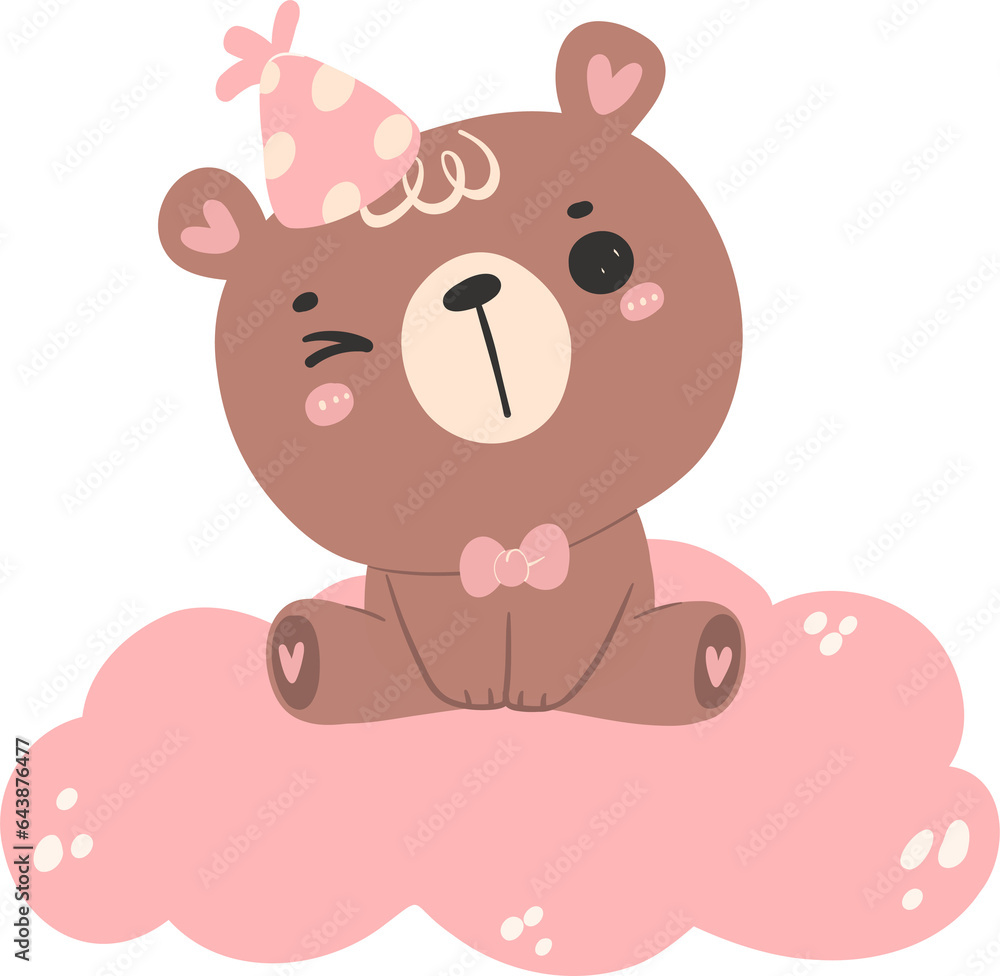 Cute baby shower bear girl in pink, birthday bear animal flat design illustration.